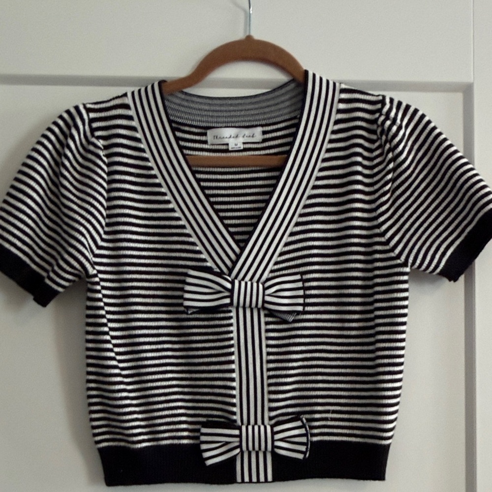 Monochrome Striped Crop Top with Bow Details